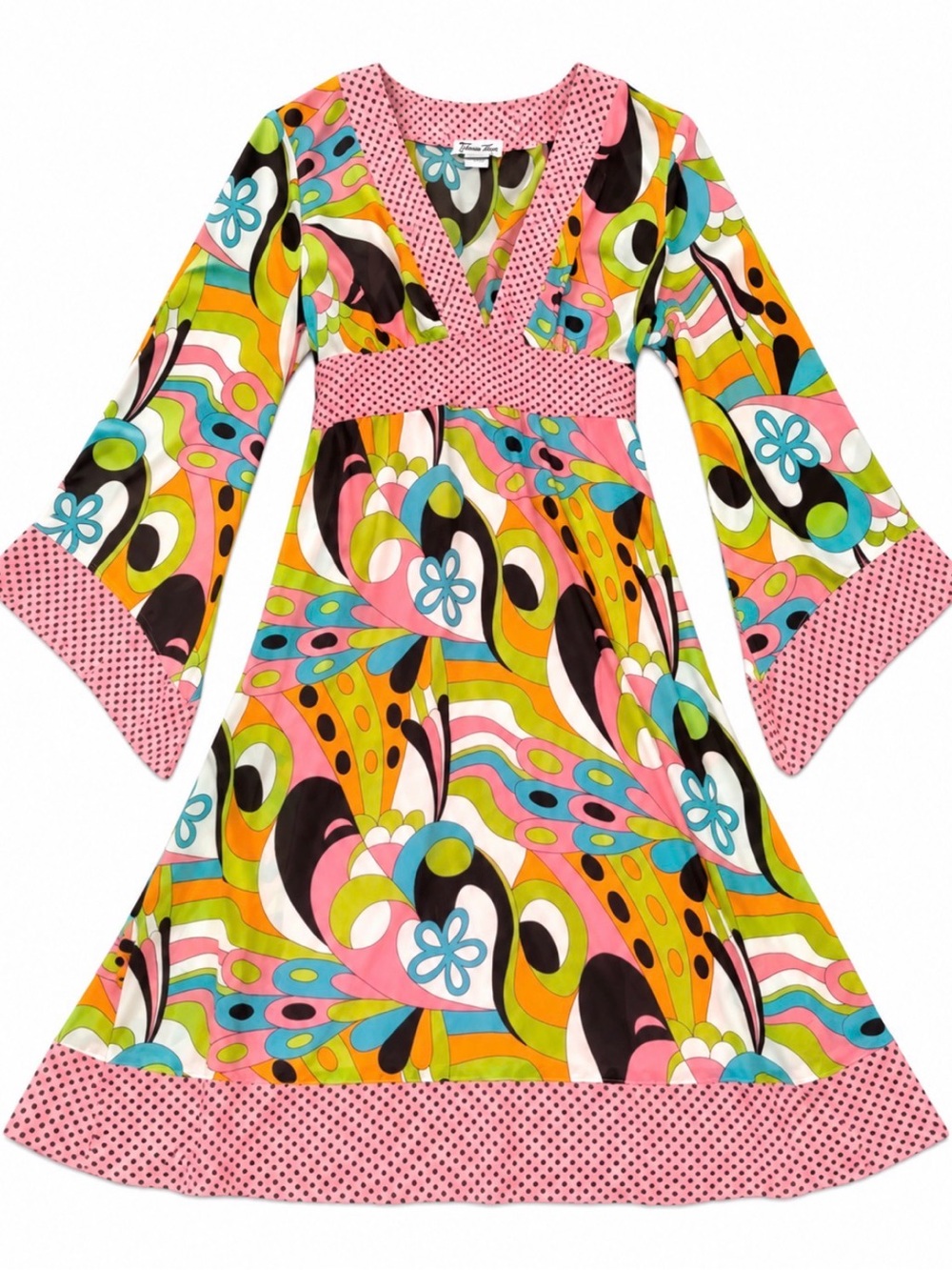 Vintage Karlie Retro 70s Psychedelic Mod Print Bell Sleeve Dress Size L Groovy
